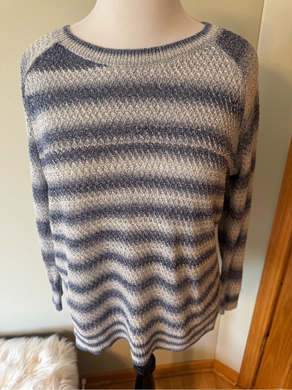 Lou & Grey Striped Crewneck Sweater in Navy and Cream